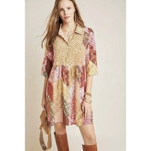Kachel Anthropologie Benedetta Silk Tunic Dress Size 8 Floral Patchwork